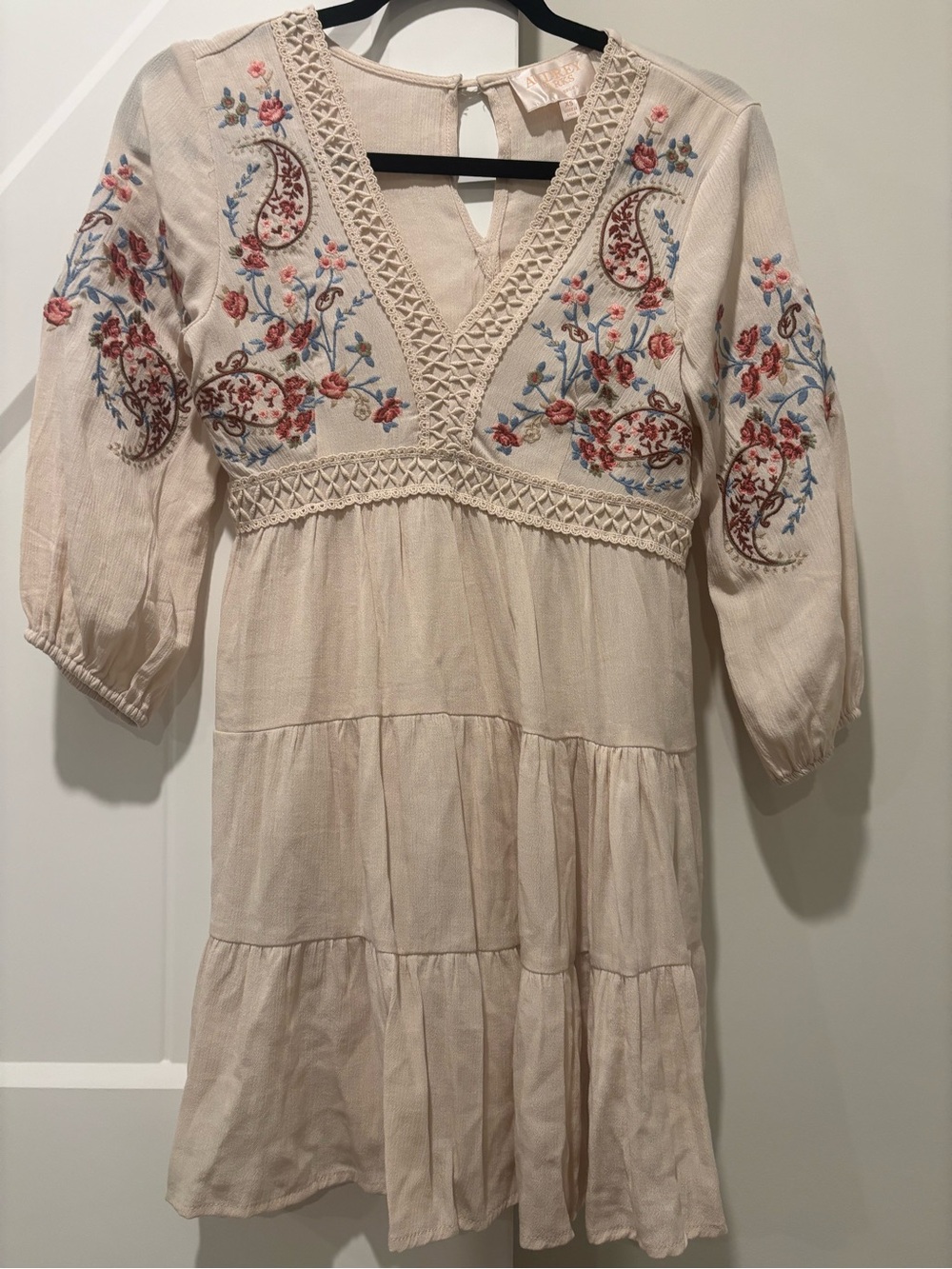 Francesca's Collections Cream Mini Dress with Red & Blue Floral Embroidery